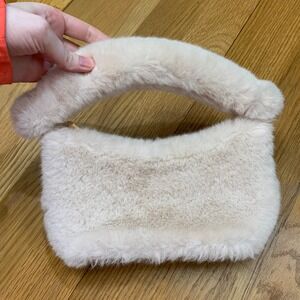 A New Day Purse Faux Fur Handbag Cream Fuzzy Top Handle Bag‎ Zipper Close Chic